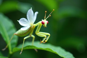 Orchid Mantis Hymenopus coronatus blends in with delicate white passion flower, mantis, green