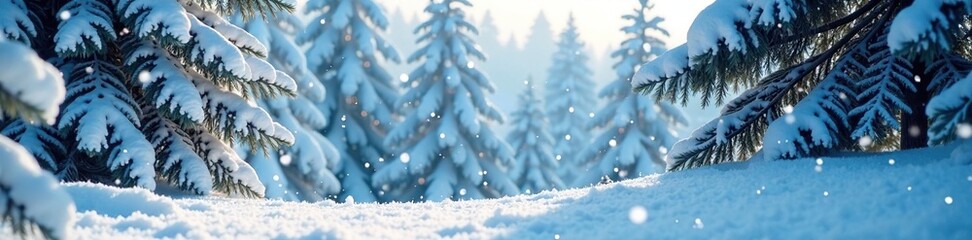 Snowflakes gently falling on coniferous trees, serene, snow