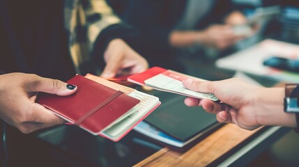 Close-up of hands exchanging passport and tickets at a travel agency, symbolizing preparation for international travel. Wooden desk background adds a warm, professional touch.
