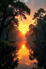 Fototapeta premium Sunset over the Sundarbans Mangrove forest with golden light filtering through the trees, Forest, Sky