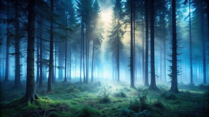 Fototapeta premium Mysterious forest at dusk with fog rolling in, scenery, woods, scenery, woods, ambiance, twilight