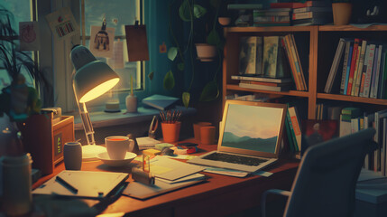 Aesthetic Study Desk with Books and a Cozy Lamp