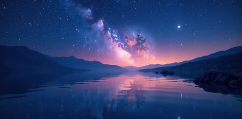 Water's surface mirrors the starry night sky with a hint of ripples, calm, reflection, peaceful