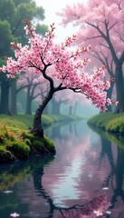 Fototapeta premium A lone white cherry blossom tree in a quiet stream, cherry blossoms, quiet reflection, blooming trees