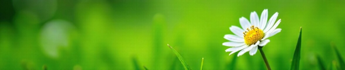 Obraz premium Fresh white daisy flower blooming in lush green grass with dew drops, petals, nature, flowers