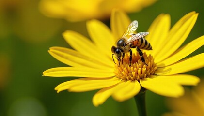Honeybee collecting nectar from bright yellow daisies, pollinators, honeybees, blossoms