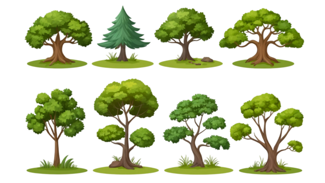 Collage with various trees on a transparent background. concept of nature