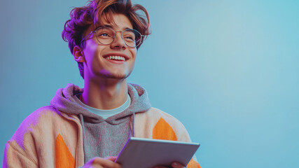 Young man student 20s with tablet device in colorful lighting, Modern tech lifestyle concept