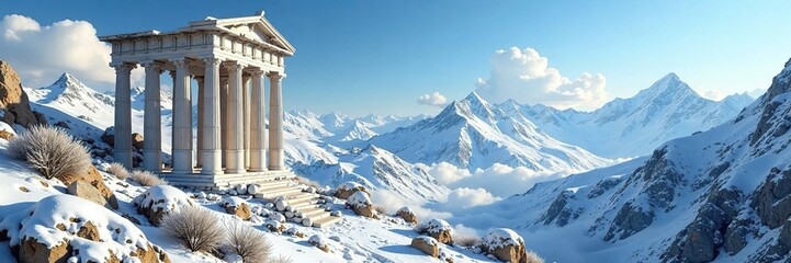 Snowy mountains and ancient marble temple columns in blue sky landscape, natural, wonder, awe-inspiring