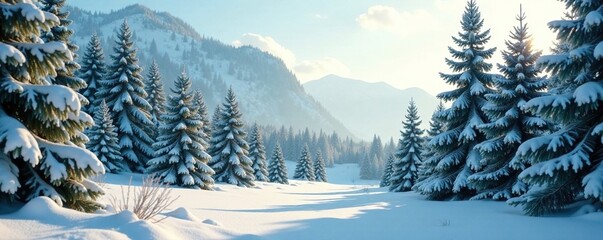 Fototapeta premium Spruce and fir trees blending into a winter wonderland scene, forest, frosty, evergreen