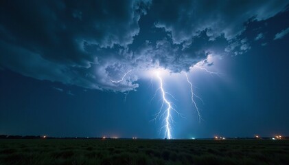 Swirling column of air illuminated by bright flash of lightning, wind, nighttime tornado