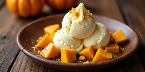 Vanilla ice cream with caramelized pumpkin chunks on a rustic wooden plate, golden, warm, comforting
