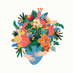 Elegant Floral Illustration. Woman's Hands Holding a Bouquet