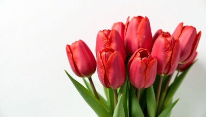 Fototapeta premium Large box of red tulip bouquets on white background, floral, , flowers