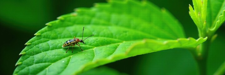 Fototapeta premium Green leaf with tiny insects under the surface, sucking insect, agriculture damage, natural enemy