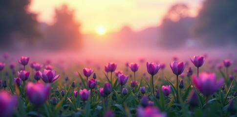 Fototapeta premium Soft purple petals unfold on a misty meadow at dawn, landscape, color gradation
