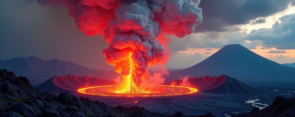 Towering ash cloud rises from a volcanic crater as lava flows out, volcano, ash, fiery rock