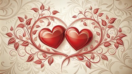 Two red hearts symbolically entwined in a delicate floral design, entwined, heart connection,  entwined