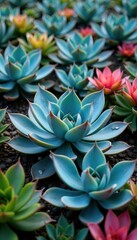 Fototapeta premium Colorful blue agave flowers in a field of vegetation, flower, agave, botanic