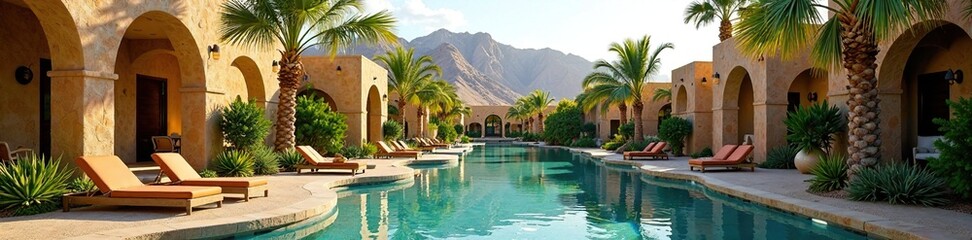 Desert oasis with water feature and palm trees, resort living, water feature
