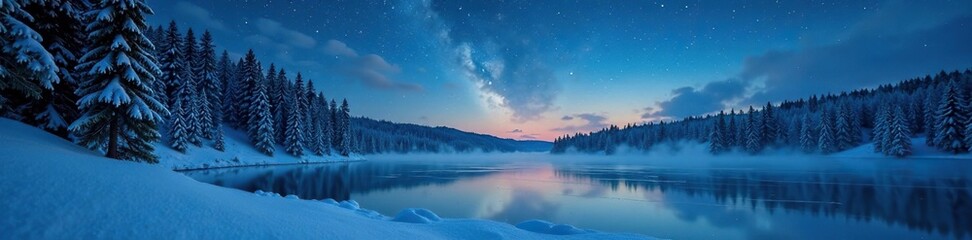 Fototapeta premium Snowflakes gently fall on a frozen lake under a starry night sky, woods, snow, forest