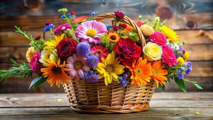 Obraz premium Vibrant mixed bouquet of colorful flowers in a wooden basket, vase, floral, vase, floral, blossoms,beauty, arrangement