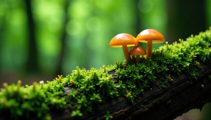 Fototapeta premium Tiny mushrooms growing on moss-covered dead wood in rainforest canopy, canopy, nature photography, forest