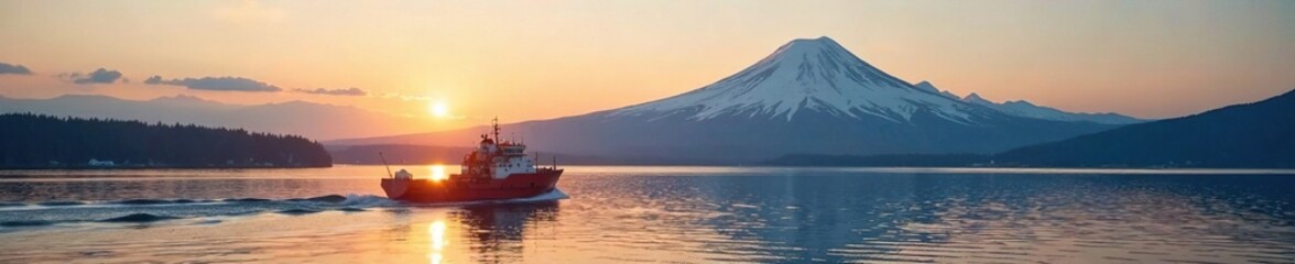 Mt Rainier's shadow on the water as a cargo ship passes by, Shipping, Freight