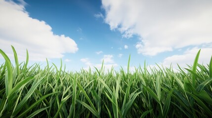 Obraz premium Lush green grass under a bright blue sky with fluffy clouds.