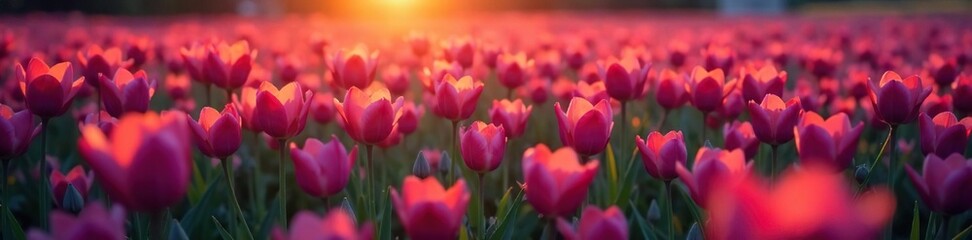 Obraz premium A sea of deep plum petals stretches far and wide in a tranquil meadow during evening hours with warm orange hues, evening, orange
