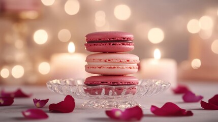 Three Pink Macarons On Glass Dish With Rose Petals