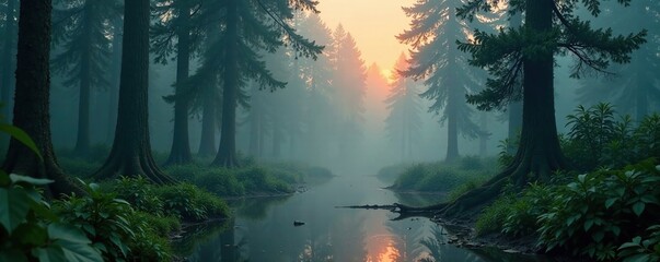 Early morning in swampy forest under misty skies, morning, murky, misty