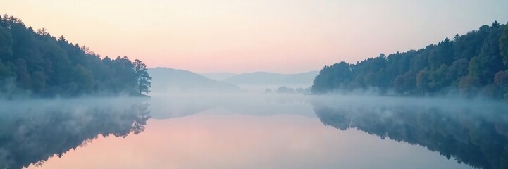 Obraz premium Soft mist ascends lake's surface calming atmosphere, reflection, gentle, tranquility