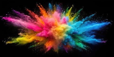 Vibrant colorful powder explodes in mid air suspended against a dark mysterious background creating an explosive effect , vibrant colors, colorful explosion