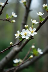 Sprigs of white flowers on bare tree branches, branches, tree