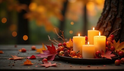 Warming candlelight and autumnal hues create ambiance, leaves, centerpieces, natural elements