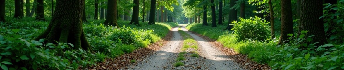 Naklejka premium Gravel and pebble cobblestone road winding through dense forest, cobblestone, dense