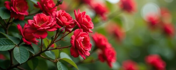 Obraz premium Red roses bloom in clusters on the stem of a flowering tree, red flowers, blossom, greenery