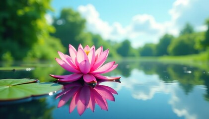 Reflections of pink water lilies in calm pond water under clear blue sky, sky, waterlily