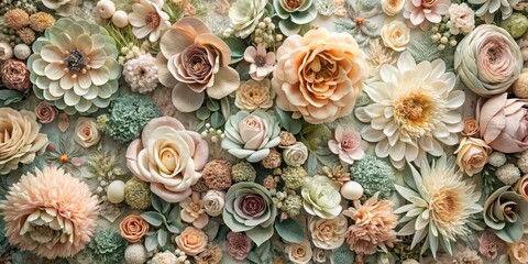 A delicate artificial flower wall in a soft, muted color palette with intricate details and textures