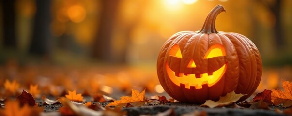 Warm autumn sunlight casts a golden glow on a carved pumpkin, harvest, holiday, orange