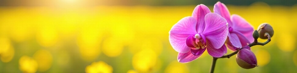 Obraz premium A stunning purple orchid in full bloom against a bright and cheerful yellow field, flowers, orchids, purple blooms