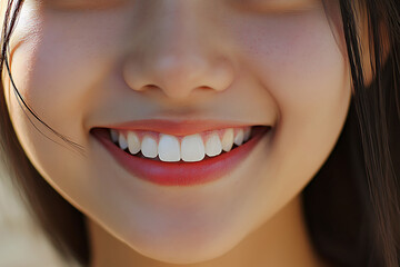 Obraz premium Close-up of young asian woman showing perfect white teeth while smiling