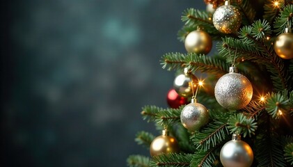 Holiday-themed Christmas tree with silver and gold ornaments and lights, festive, season