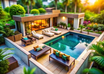 Fototapeta premium Luxury Poolside Living: Stylish Home, Tilt-Shift Miniature Effect