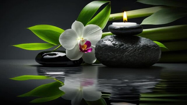 A candle is lit on a table with a rock and a flower