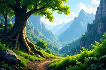 Obraz premium Secluded mountain valley with ancient trees and ferns, nature, ancient trees, forest