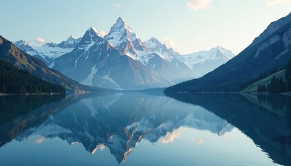 Serene mountains with heart shape peaks reflected in a peaceful lake, serenity, landscape