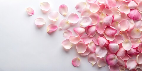 Obraz premium Soft pink rose petals scattered on a white background, roses, peaceful, roses, peaceful, botanical, serene, petal, nature