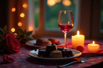 Romantic dinner setup with candles and chocolates, intimacy, warm
